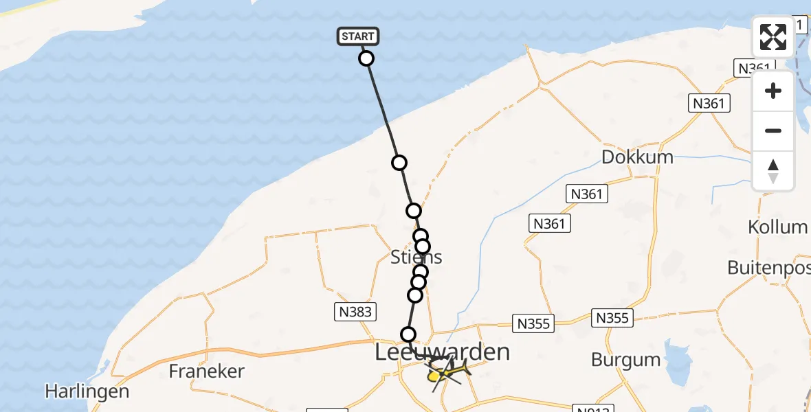 Routekaart van de vlucht: Ambulanceheli naar Leeuwarden, Aldlânsdyk