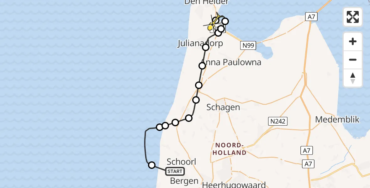 Routekaart van de vlucht: Kustwachthelikopter naar Vliegveld De Kooy, 't Groote Ganzenveld