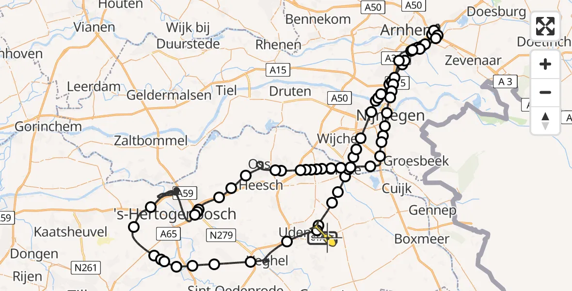 Routekaart van de vlucht: Politieheli naar Vliegbasis Volkel, Zeelandsedijk