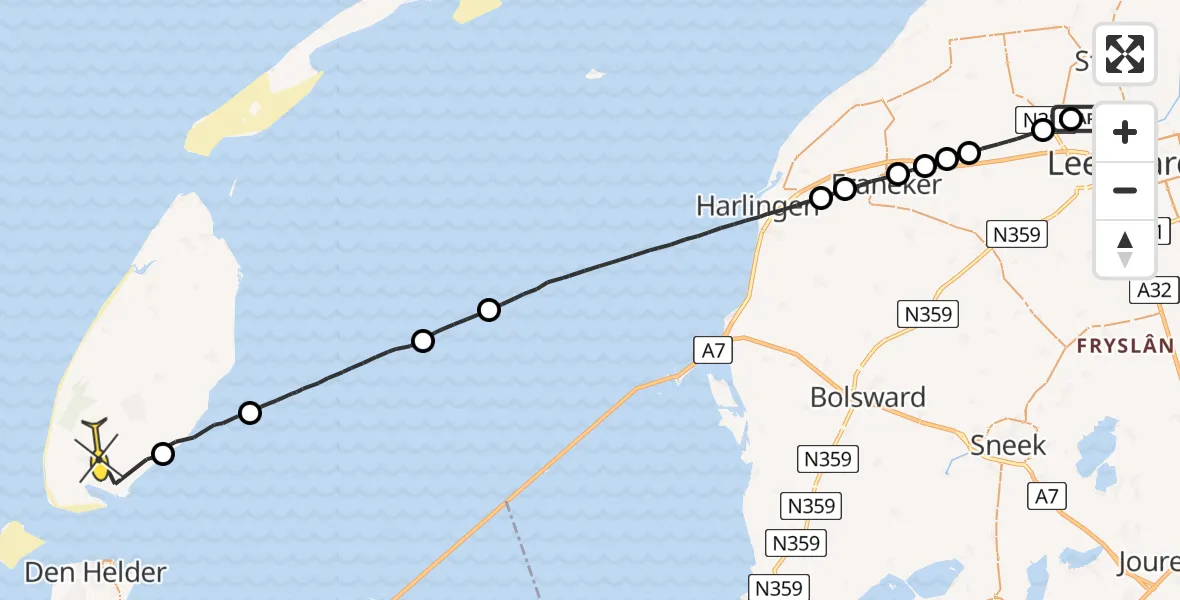 Routekaart van de vlucht: Ambulancehelikopter naar Den Hoorn, Tsjerkeleane