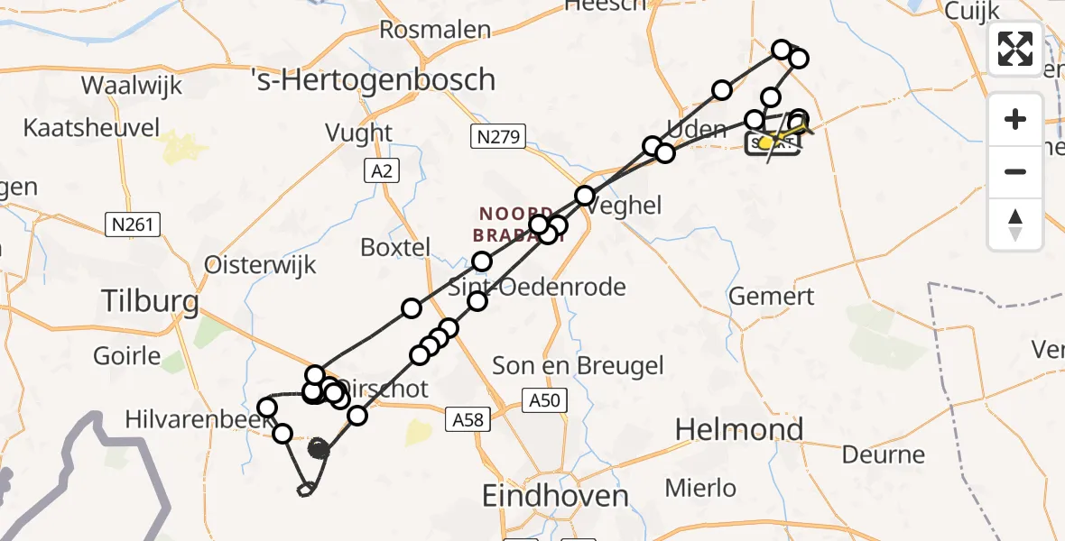 Routekaart van de vlucht: Politieheli naar Vliegbasis Volkel, Zeelandsedijk