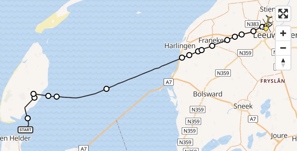 Routekaart van de vlucht: Ambulanceheli naar Vliegbasis Leeuwarden, Buitengebied Noordwest