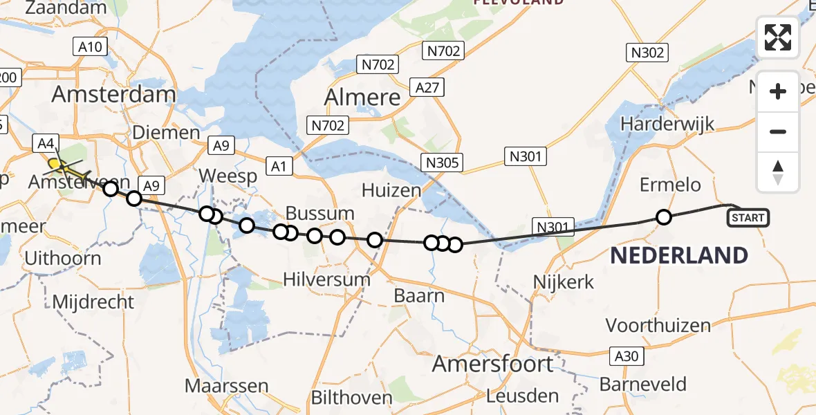 Routekaart van de vlucht: Politieheli naar Amstelveen, Postweg