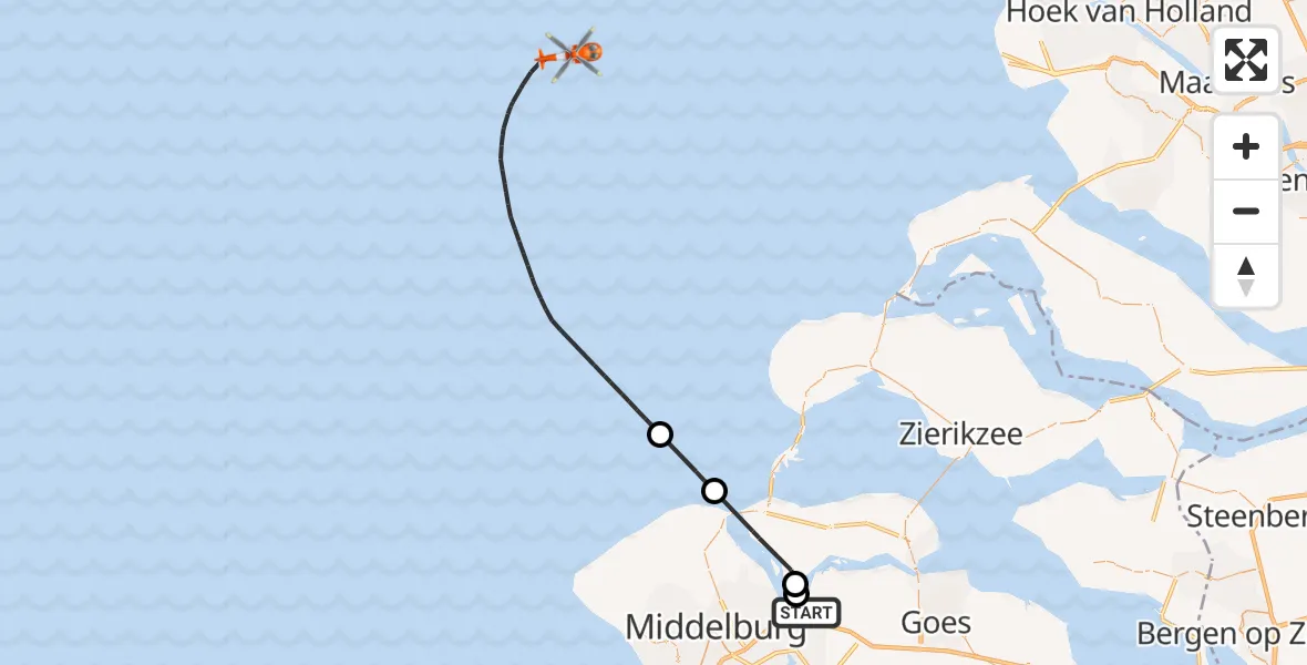 Vluchtroute Kustwachthelikopter Vliegveld Midden-Zeeland - , 25 februari 2025, 13:42