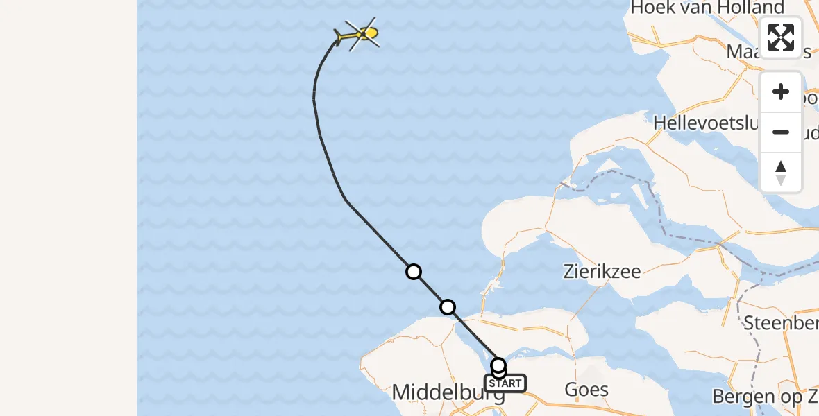 Routekaart van de vlucht: Kustwachthelikopter naar Schenge