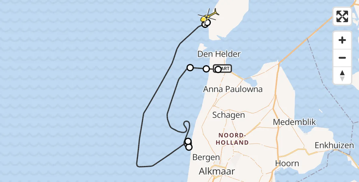 Routekaart van de vlucht: Kustwachthelikopter naar Den Burg, Middenvliet