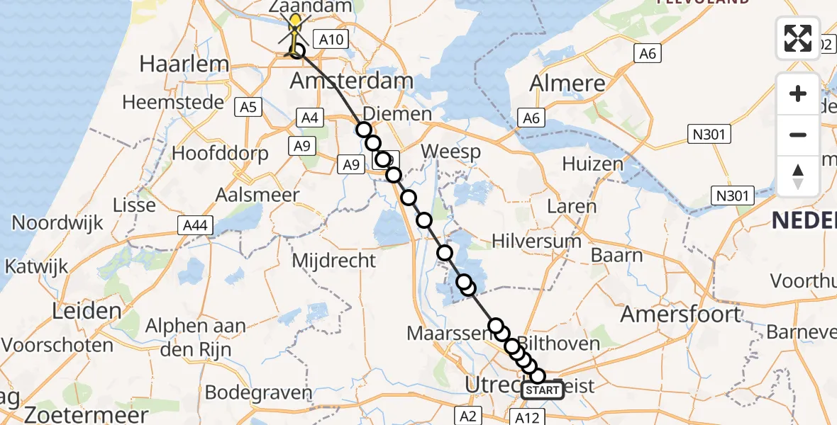 Routekaart van de vlucht: Lifeliner 1 naar Amsterdam Heliport, UMC Ambulancetunnel