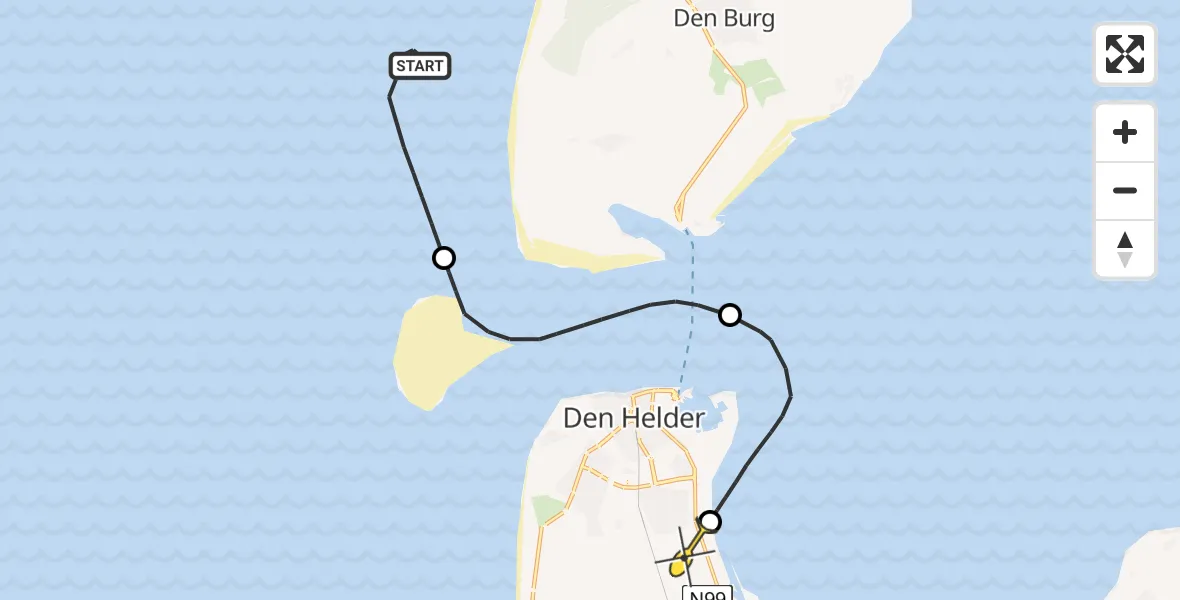 Routekaart van de vlucht: Kustwachthelikopter naar Vliegveld De Kooy, Doggersvaart