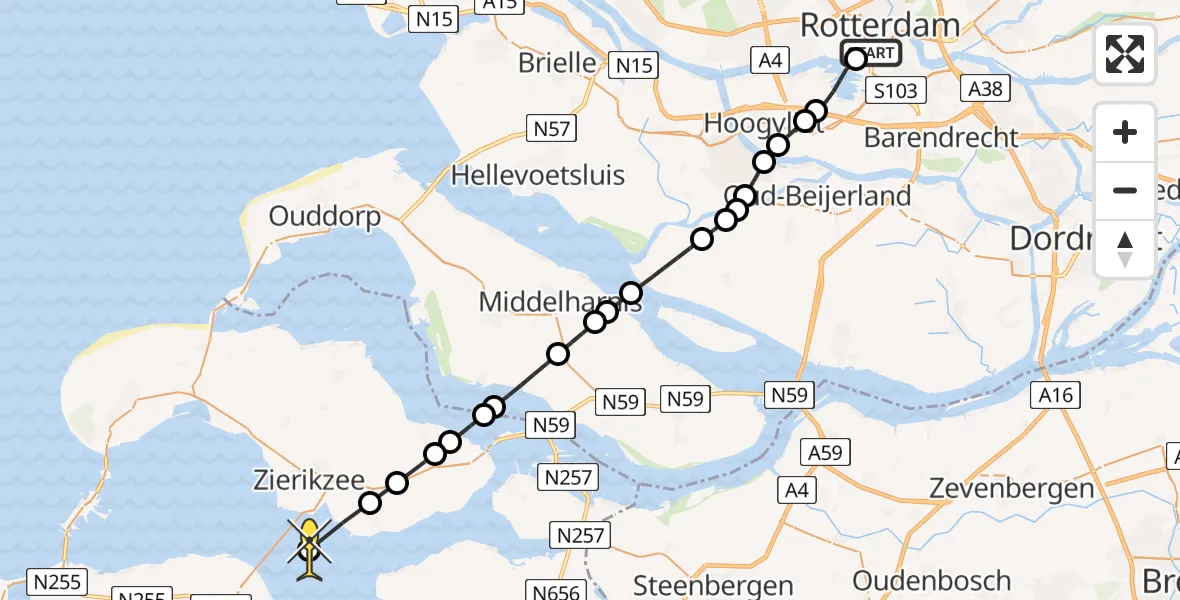 Routekaart van de vlucht: Kustwachthelikopter naar Zierikzee, Westzeedijk