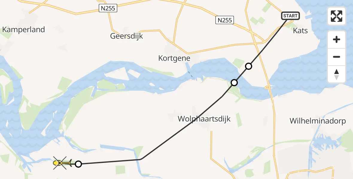 Routekaart van de vlucht: Kustwachthelikopter naar Vliegveld Midden-Zeeland, Zuidlangeweg