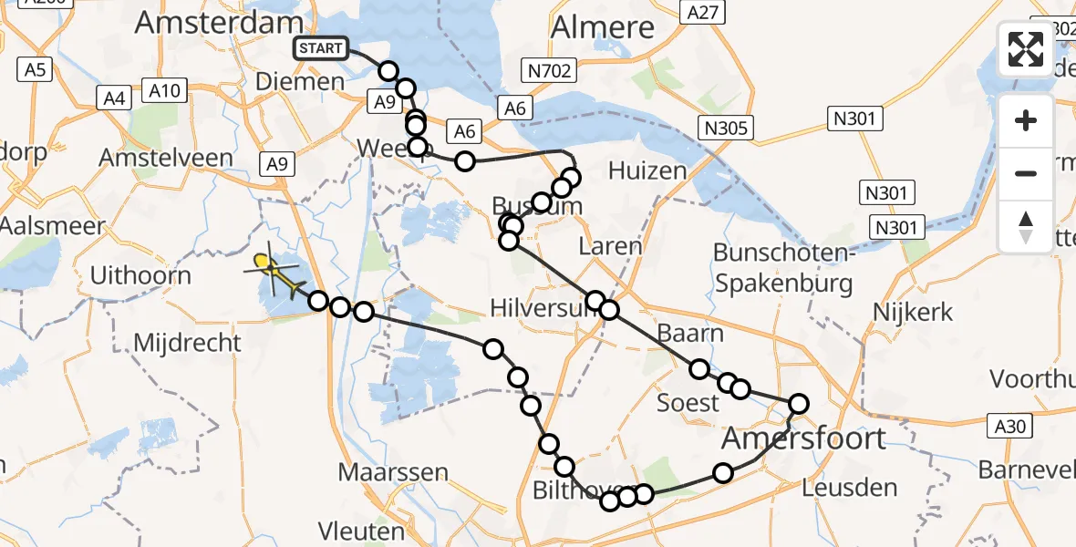 Routekaart van de vlucht: Politieheli naar Vinkeveen, IJburgbaai