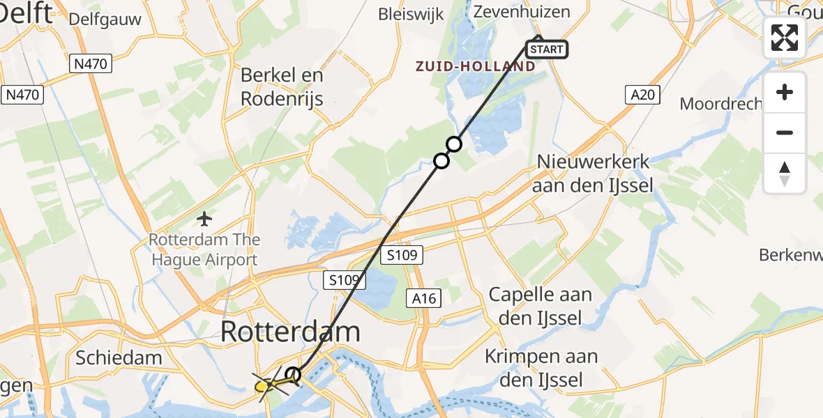 Routekaart van de vlucht: Lifeliner 2 naar Erasmus MC, Kalmoeslaantje