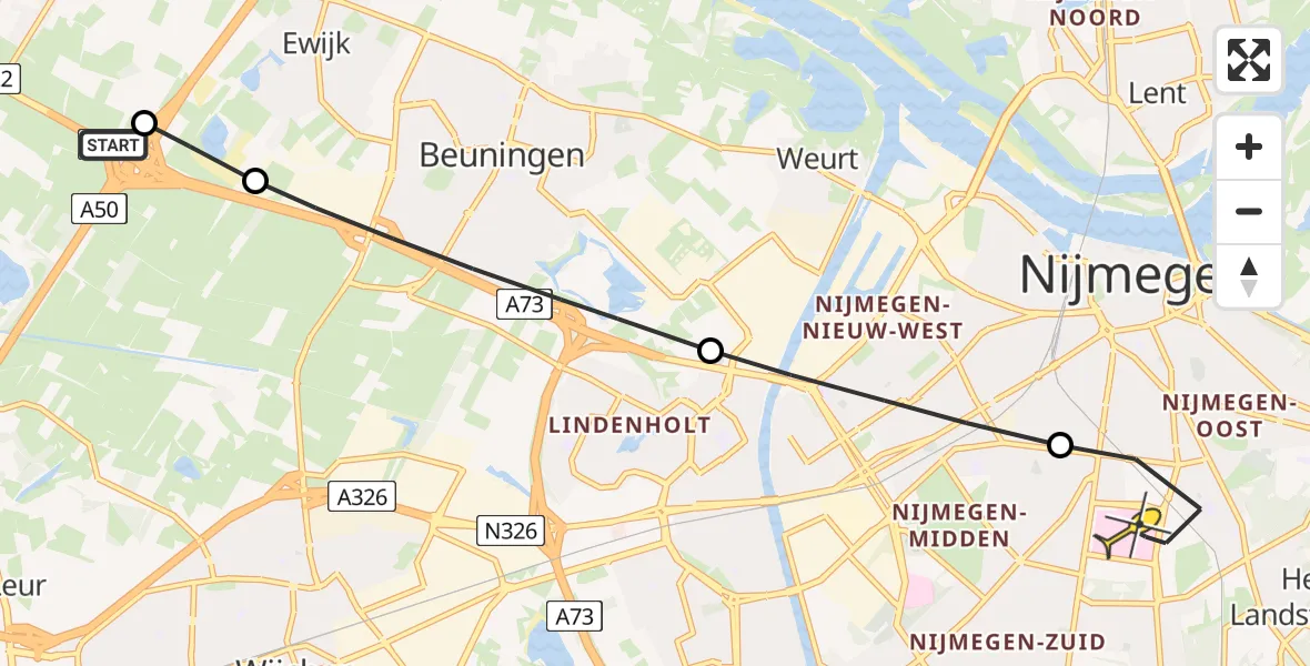 Routekaart van de vlucht: Lifeliner 3 naar Radboud Universitair Medisch Centrum, Knooppunt Ewijk