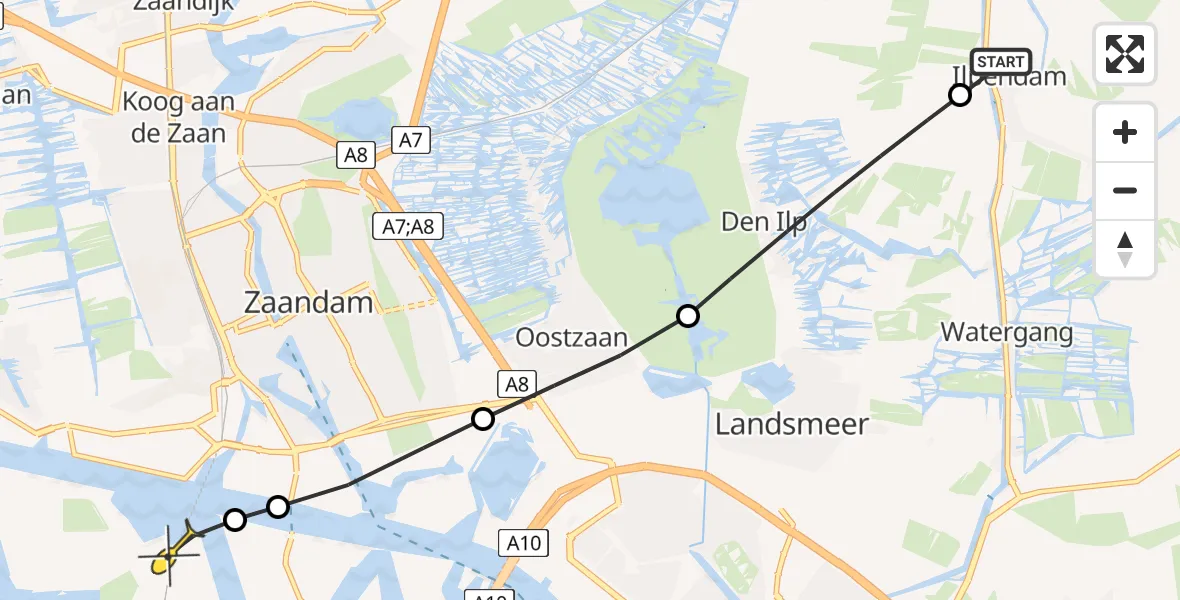 Routekaart van de vlucht: Lifeliner 1 naar Amsterdam Heliport, Dorre Ilp