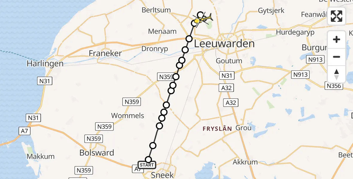 Routekaart van de vlucht: Ambulancehelikopter naar Vliegbasis Leeuwarden, Pôllewei