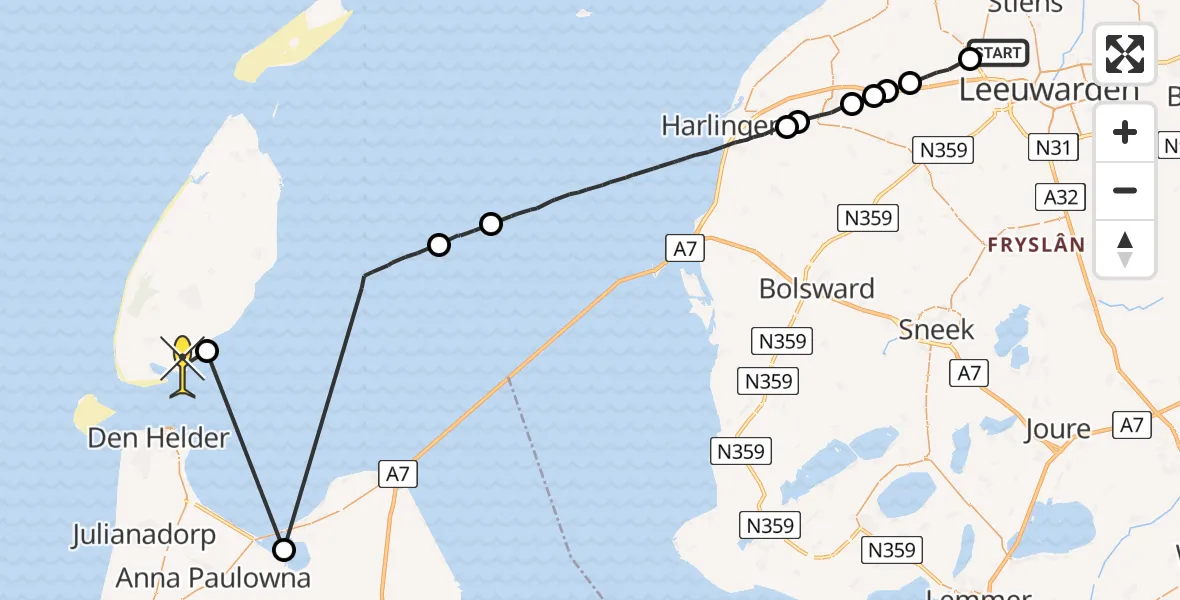 Routekaart van de vlucht: Ambulanceheli naar Den Hoorn, Bitgumer Feart