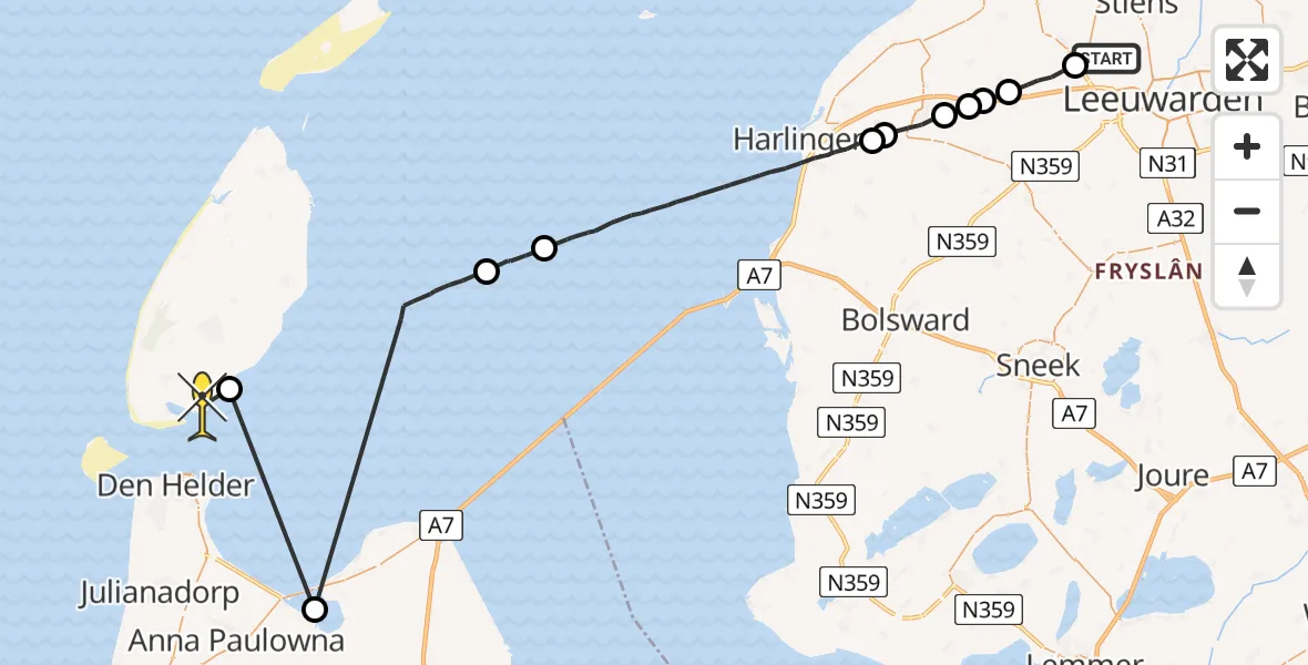 Routekaart van de vlucht: Ambulancehelikopter naar Den Hoorn, Bitgumer Feart