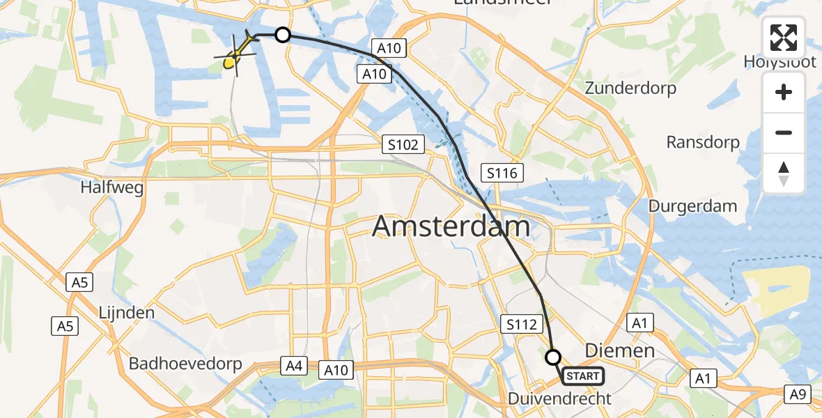 Routekaart van de vlucht: Lifeliner 1 naar Amsterdam Heliport, Drie Burgpad