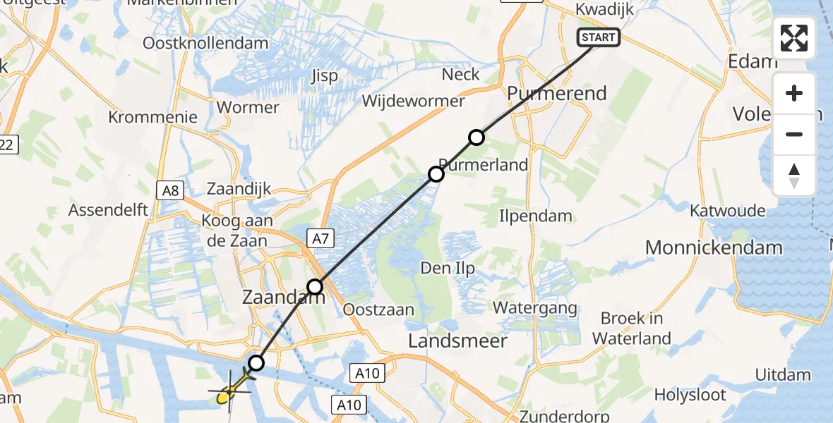 Routekaart van de vlucht: Lifeliner 1 naar Amsterdam Heliport, Stekeldijk