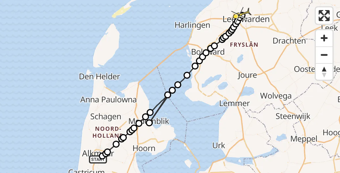 Routekaart van de vlucht: Ambulanceheli naar Vliegbasis Leeuwarden, Westdijk