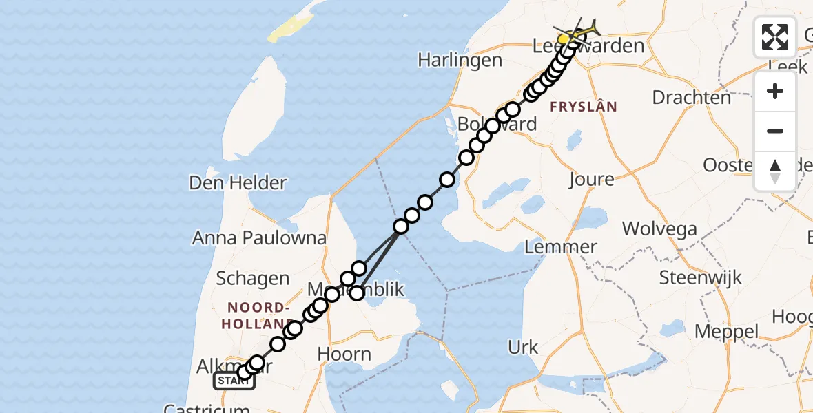 Routekaart van de vlucht: Ambulancehelikopter naar Vliegbasis Leeuwarden, Westdijk