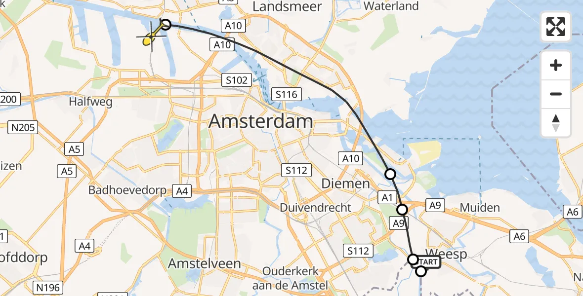 Routekaart van de vlucht: Lifeliner 1 naar Amsterdam Heliport, Zandpad-Driemond