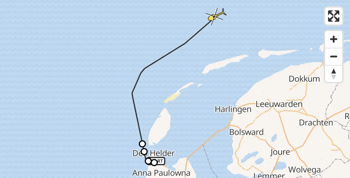 Vluchtroute Kustwachthelikopter van Vliegveld De Kooy naar 