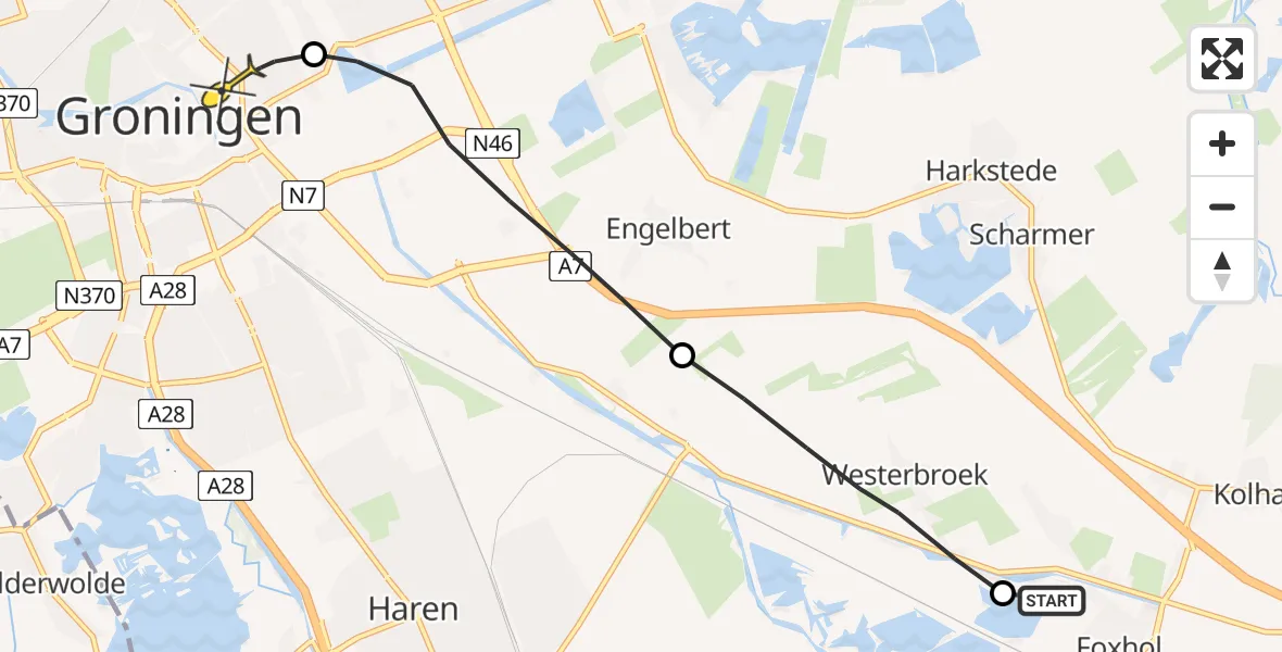 Routekaart van de vlucht: Lifeliner 4 naar Universitair Medisch Centrum Groningen, Rijksweg West