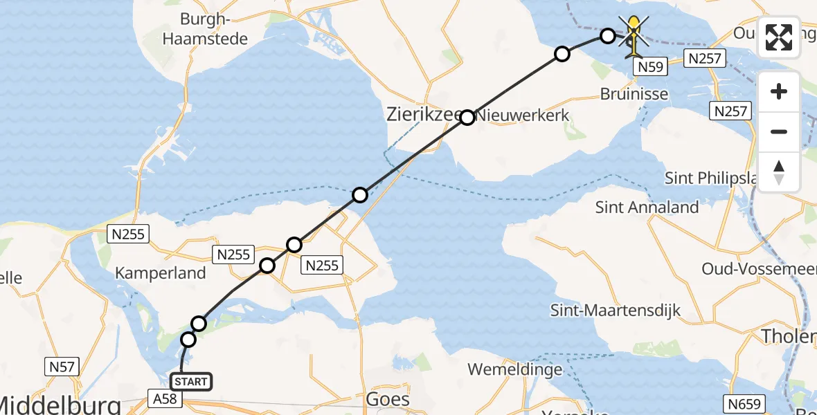 Routekaart van de vlucht: Kustwachthelikopter naar Bruinisse, Muidenweg