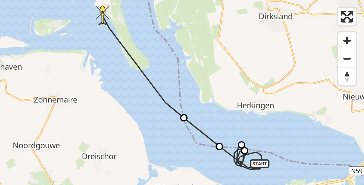 Routekaart van de vlucht: Kustwachthelikopter naar Brouwershaven, Mosselbanken West