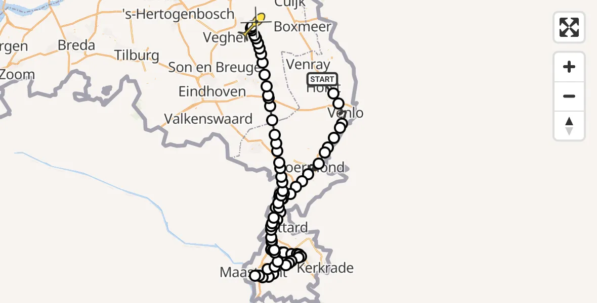 Routekaart van de vlucht: Politieheli naar Vliegbasis Volkel, Tienrayseweg