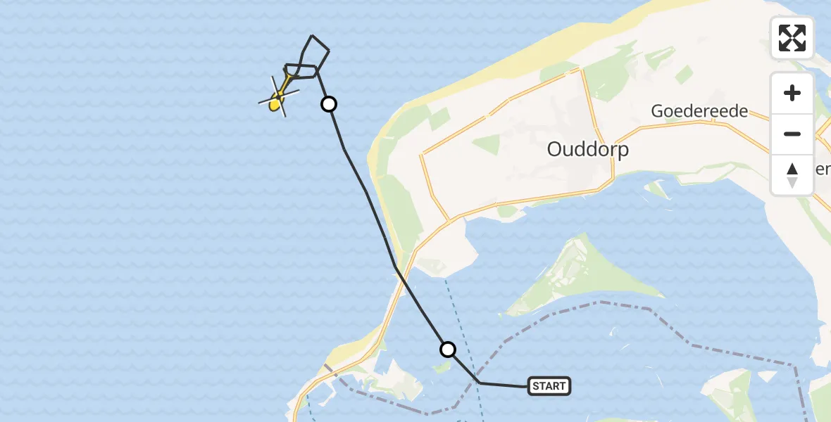 Vluchtroute Kustwachthelikopter van Brouwershaven naar 