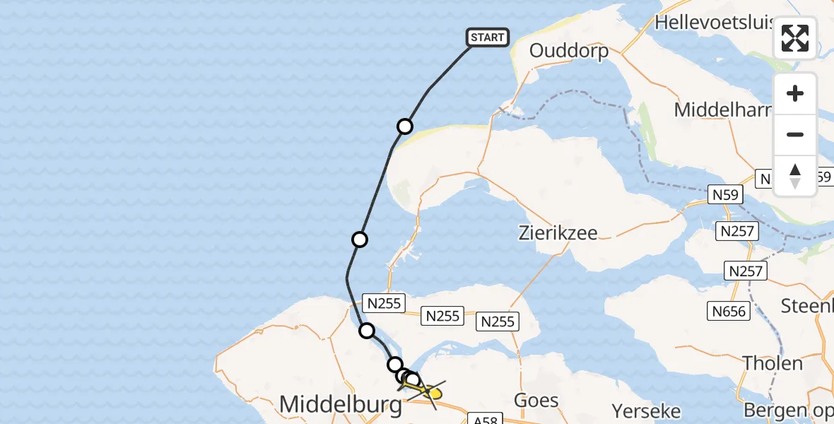 Routekaart van de vlucht: Kustwachthelikopter naar Vliegveld Midden-Zeeland, Calandweg