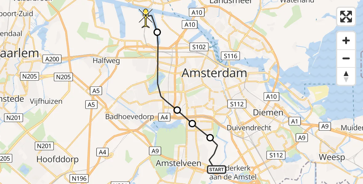 Routekaart van de vlucht: Lifeliner 1 naar Amsterdam Heliport, Escapade