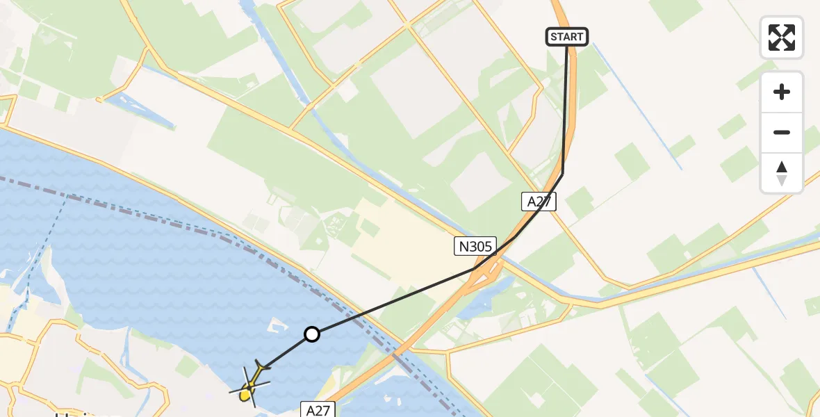 Routekaart van de vlucht: Politiehelikopter naar Huizen, Windturbinepad A27