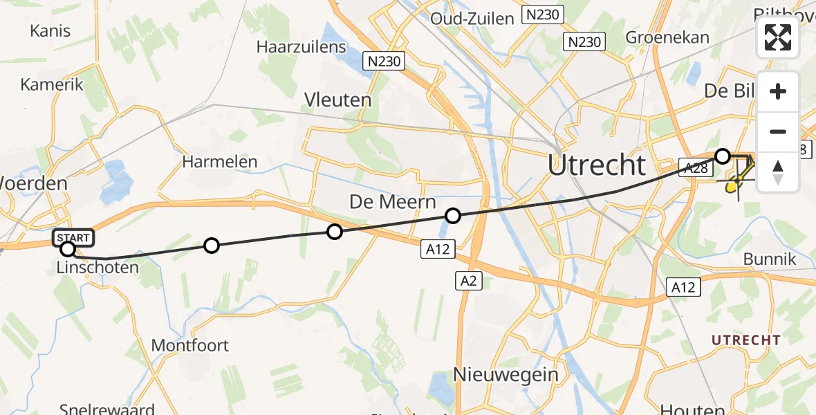 Routekaart van de vlucht: Lifeliner 1 naar Universitair Medisch Centrum Utrecht, De Duiker