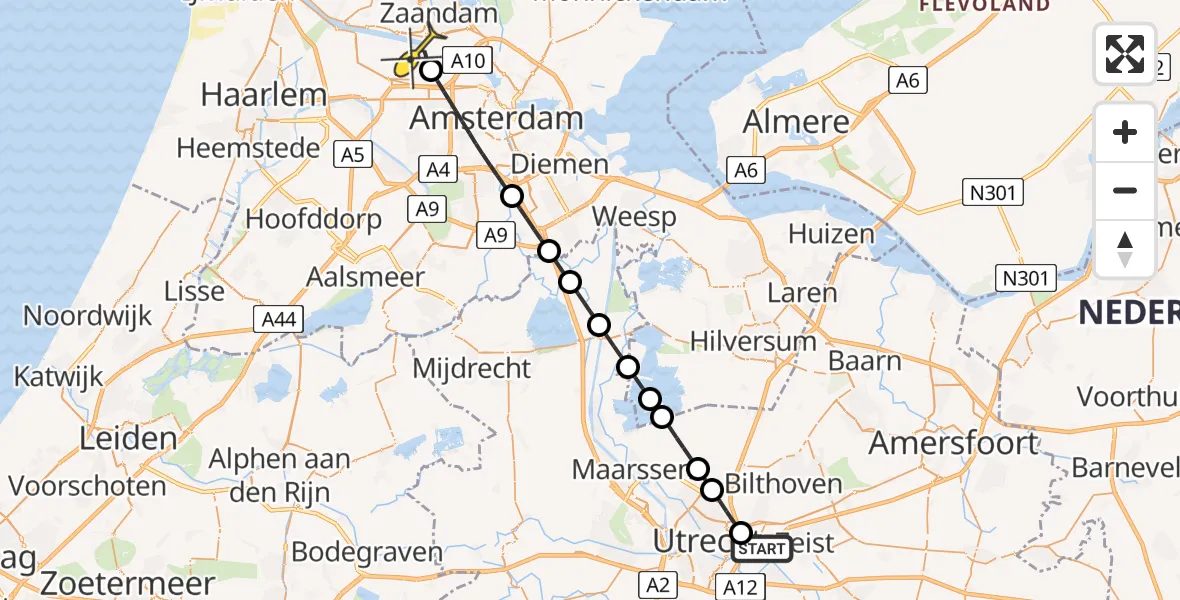 Routekaart van de vlucht: Lifeliner 1 naar Amsterdam Heliport, Princetonlaan