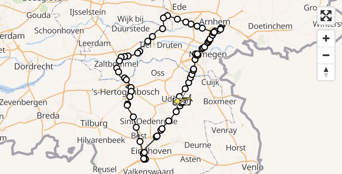 Routekaart van de vlucht: Politieheli naar Vliegbasis Volkel, Mandenmakerstraat