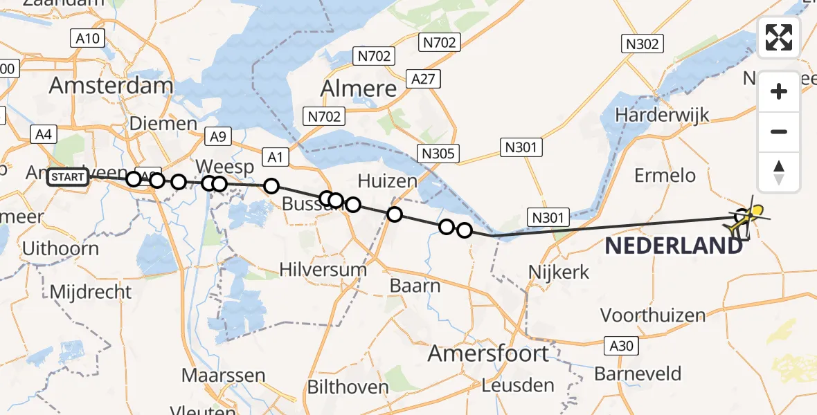 Routekaart van de vlucht: Politieheli naar Ermelo, Burgemeester Rijnderslaan