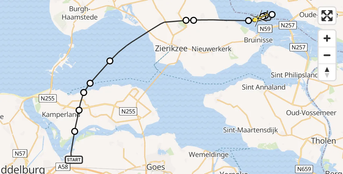 Routekaart van de vlucht: Kustwachthelikopter naar Bruinisse, Muidenweg