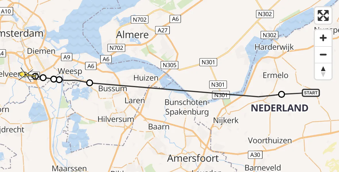 Routekaart van de vlucht: Politieheli naar Ouderkerk aan de Amstel, Garderenseweg