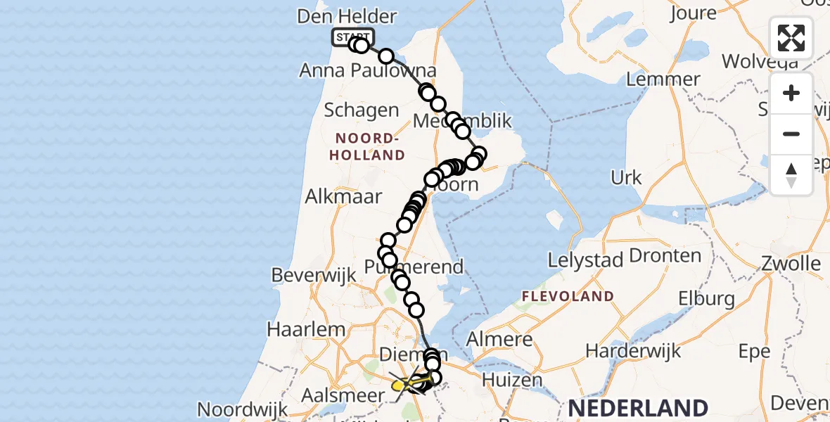 Routekaart van de vlucht: Kustwachthelikopter naar Academisch Medisch Centrum (AMC), Middenvliet