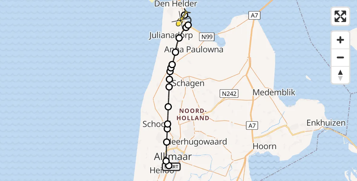 Routekaart van de vlucht: Kustwachthelikopter naar Vliegveld De Kooy, Kennemerstraatweg