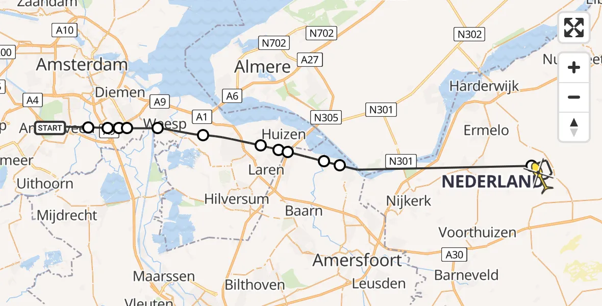 Routekaart van de vlucht: Politieheli naar Ermelo, Ruys de Beerenbroucklaan