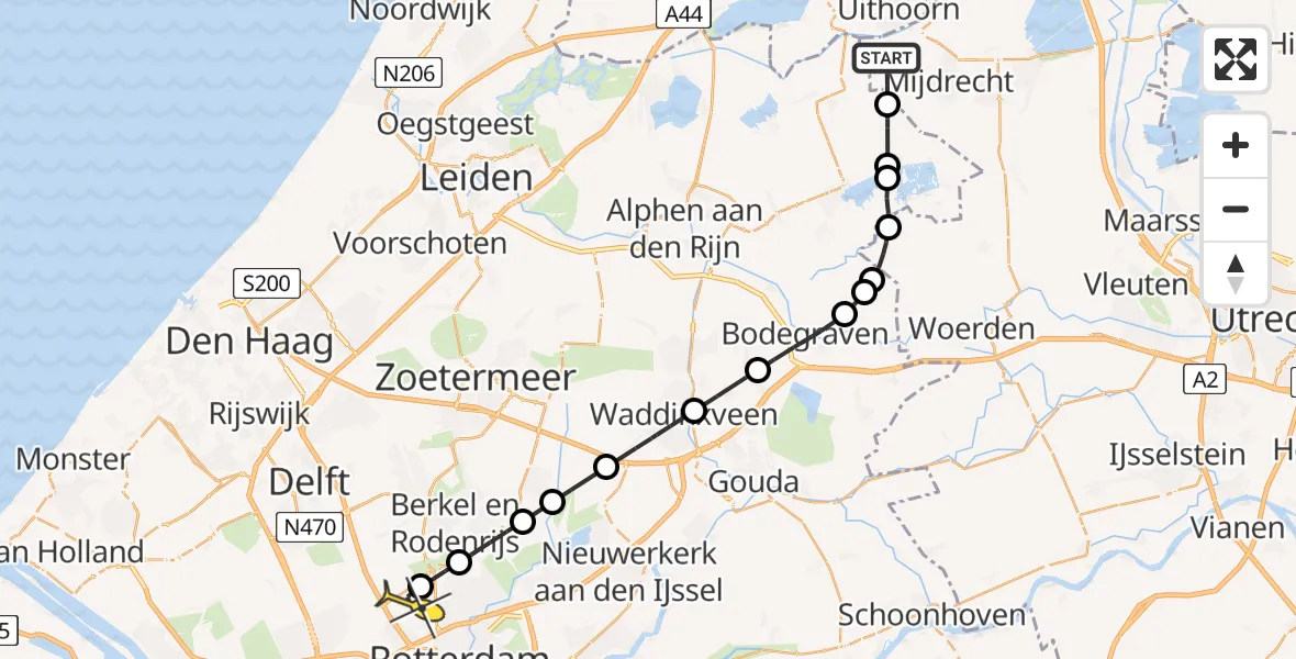 Routekaart van de vlucht: Politieheli naar Rotterdam The Hague Airport, Park Sans Souci