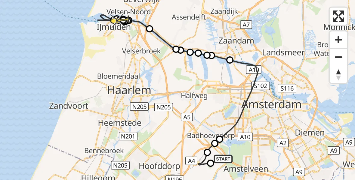 Routekaart van de vlucht: Politieheli naar IJmuiden, Amsterdam-Bataviaweg