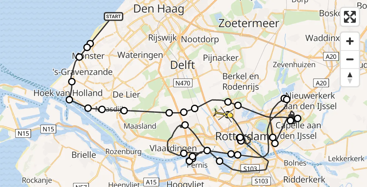 Routekaart van de vlucht: Politieheli naar Rotterdam The Hague Airport, Zandmotorpad