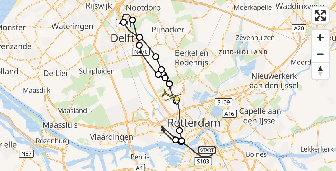 Routekaart van de vlucht: Politieheli naar Rotterdam The Hague Airport, Putselaan