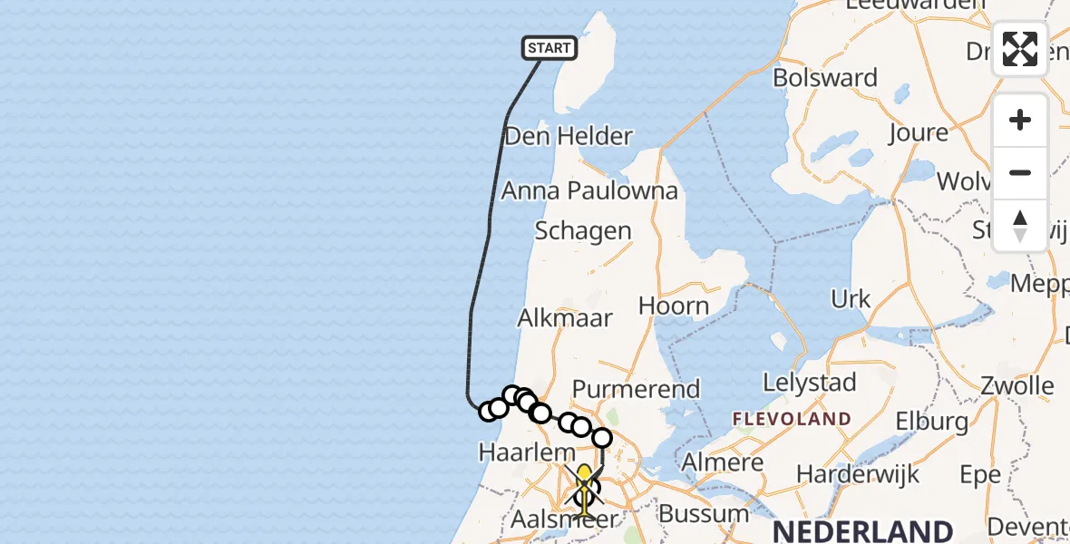 Routekaart van de vlucht: Politieheli naar Schiphol, Noordzeekustzone