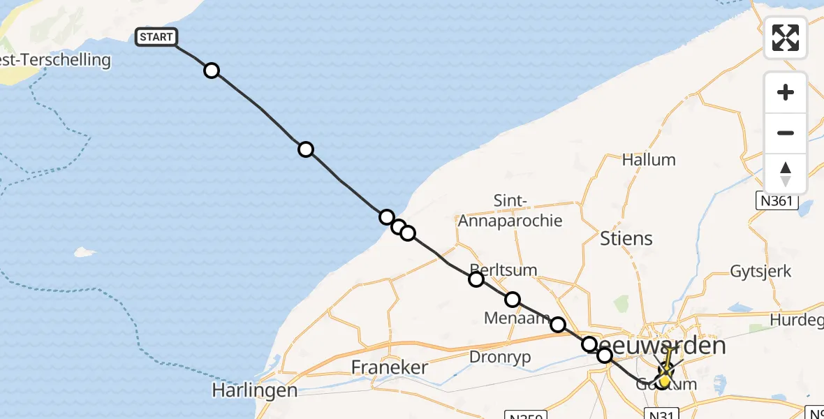 Routekaart van de vlucht: Ambulanceheli naar Leeuwarden, Aldlânsdyk